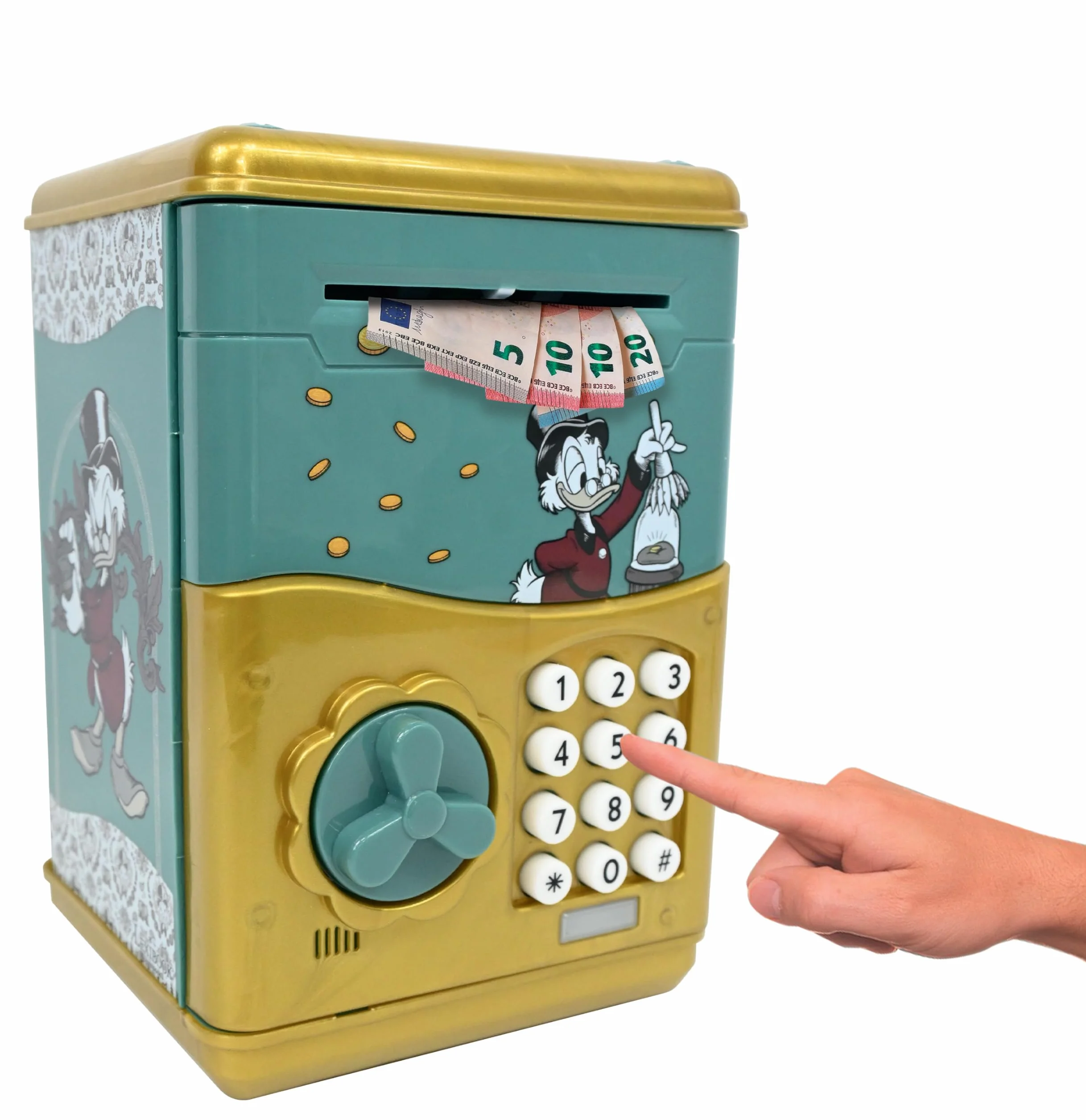 Lexibook, Disney Classics, Hucha electrónica Scrooge, Efectos de luz y Sonido, 9 Pistas Musicales Incluidas, Verde/Amarillo, JG150SC