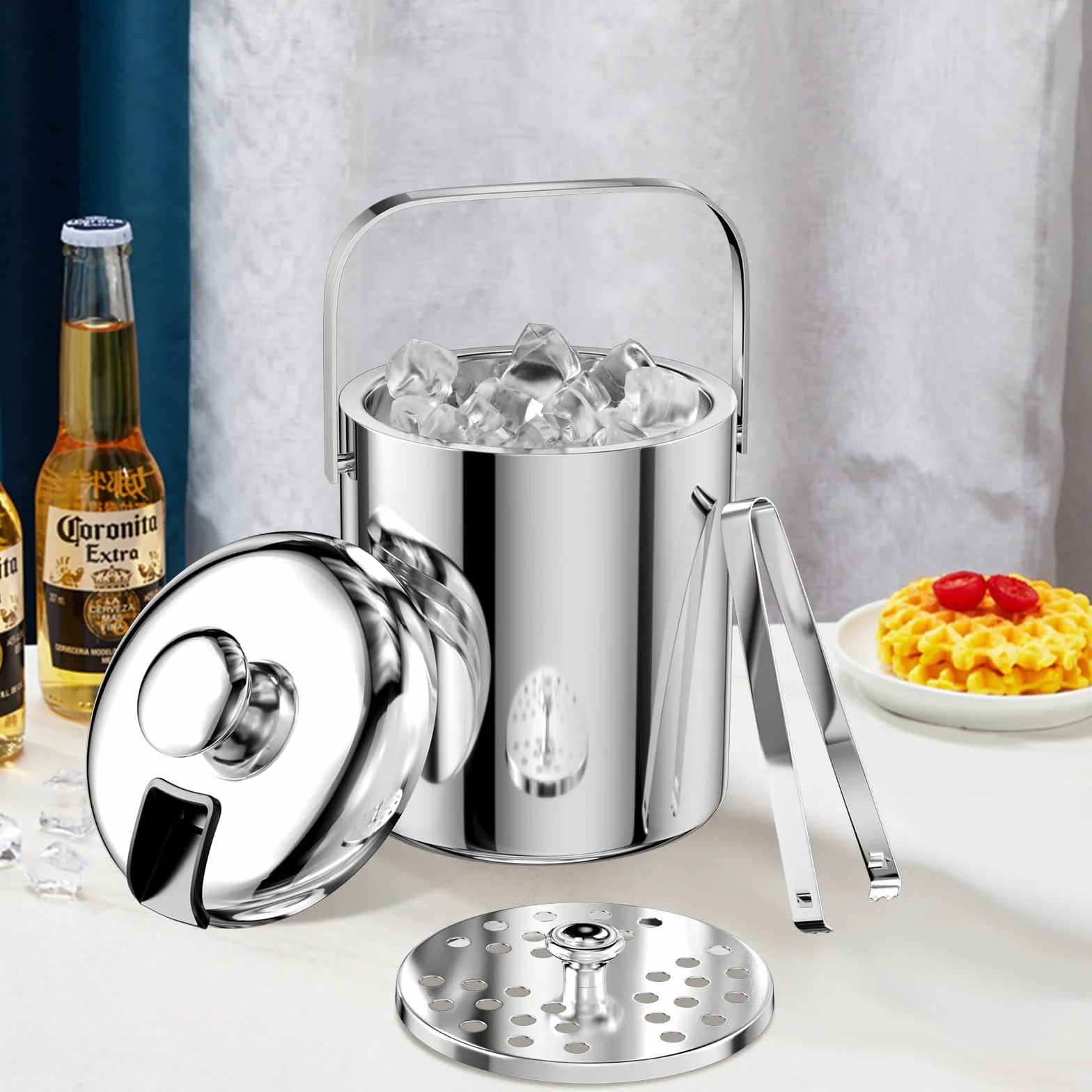 1.3 L Cubiteras Acero Inoxidable, Cubitera Hielo con Tapa, Pinzas y Colador, Cubo de Hielo Aislado, Contenedor de Cubitos de Hielo, Ice Bucket, para Bar, Cumpleaños, Fiestas de Picnics