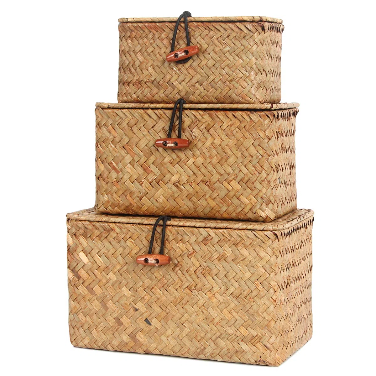 FEILANDUO - Juego de 3 cestas con tapas pequeñas tejidas a mano para almacenamiento de agrasos marinos mini cesta de escritorio organizador de maquillaje contenedor multiusos (Pequeño, Naturales)