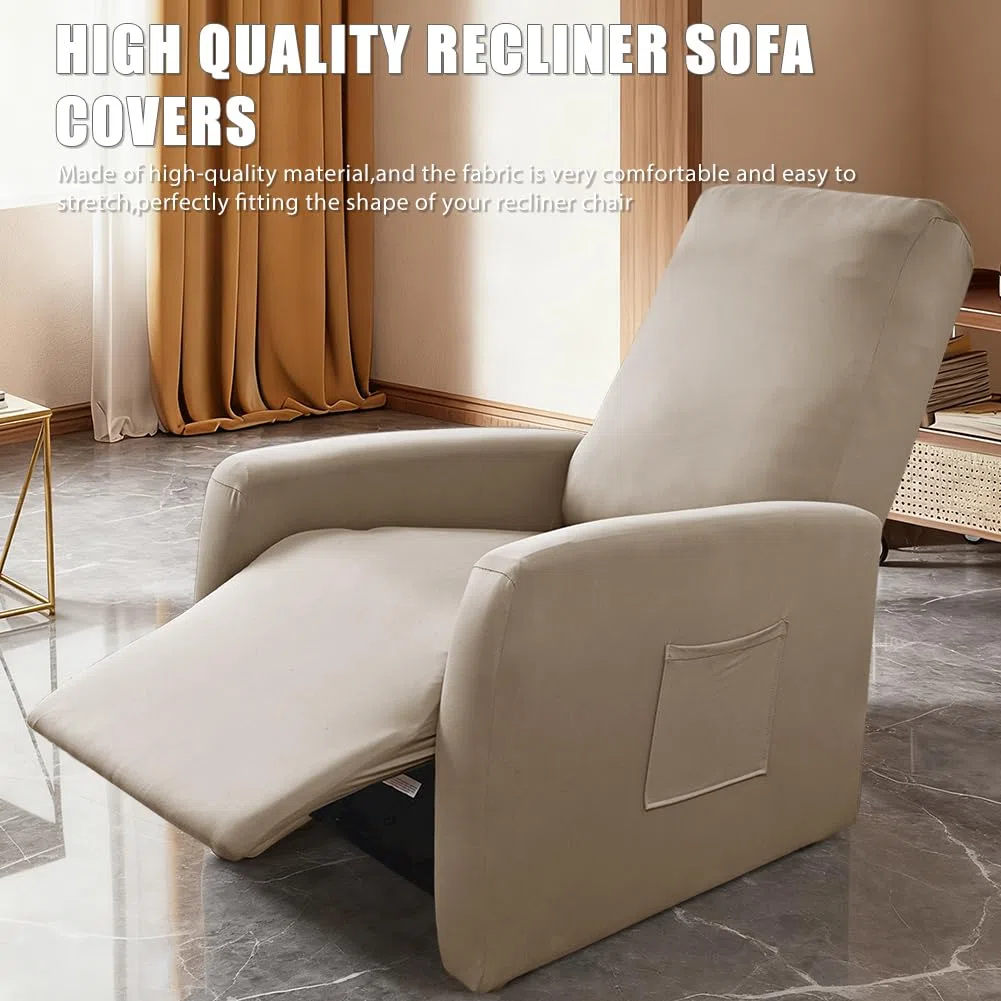 Funda Elástica para Sillón, con Bolsillos, Impermeable, Funda de Sillón Relax, Sillon Relax Reclinable, Fundas para Sillones Todo Incluido, 4 Piezas Extraíbles y Lavables Fundas Protector, Moca Clara