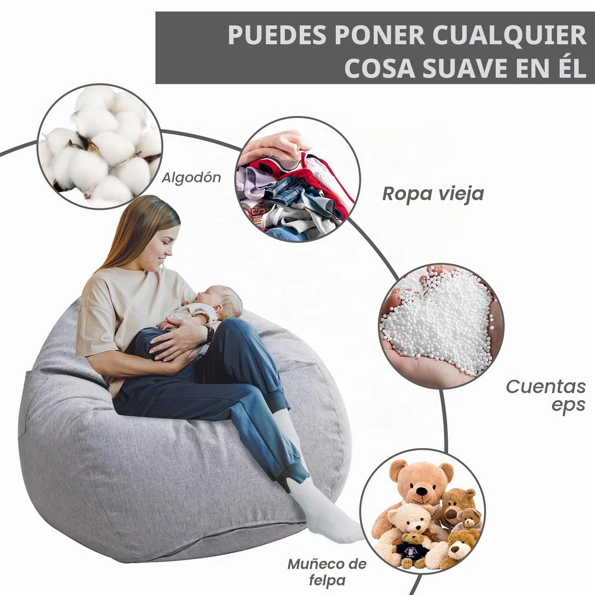 Saco de Asiento para Niños y Adultos - Funda de Saco de Asiento sin Relleno, con Cremallera, 100 x 120 cm, Puf para Dormitorio, Oficina, Salón, Terraza