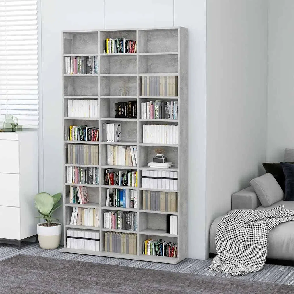 Armario para CD de color gris hormigón, 102 x 16 x 177,5 cm, material de madera con 30 compartimentos abiertos para música, accesorios y espacio de almacenamiento, se puede montar en la pared