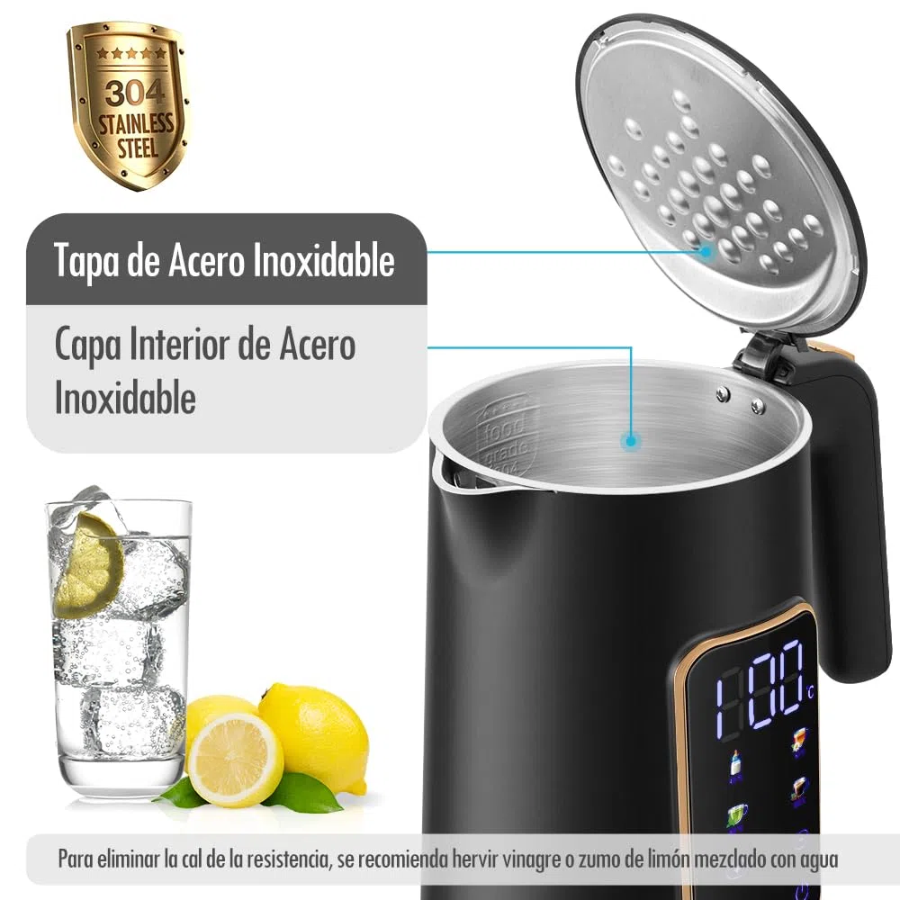 ForMe Hervidor Eléctricos de Acero Inoxidable 1,7 L Selección de Temperatura de 40-100 C LED Indicador Digital de Temperatura I Función de Mantener Caliente Tetera I Cristal Hervidora Libre de BPA