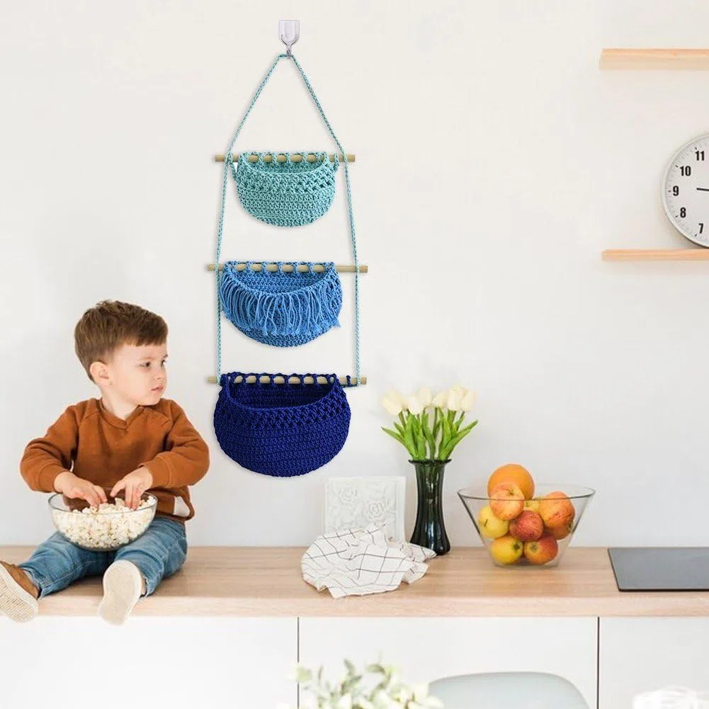 Cestas De Almacenamiento Colgantes Decoración De Pared Multiusos 3 Niveles Cuerda De Algodón Bolsa Colgante De Almacenamiento Tejida a Mano Cestas De Frutas Colgantes Para Hogar Cocina Restaurante