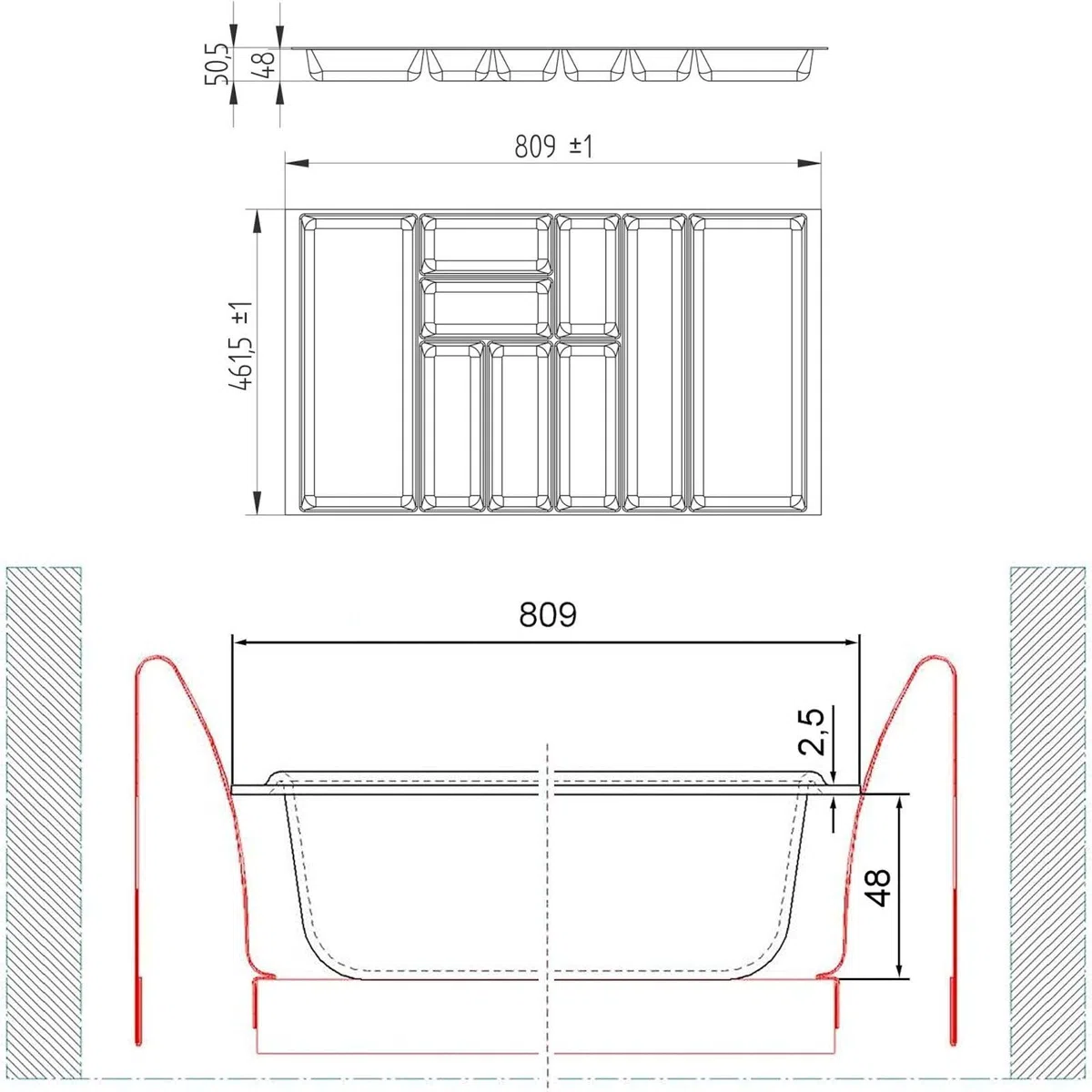 Orga-box 2 Cubertero fondo: 461 x ancho: 809 mm antracita con estructura de lona para cajón Nobilia de 90 cm hasta 07/2012 (¡MIRE POR FAVOR LAS DIMENSIONES DEL INTERIOR DE SU CAJÓN!)