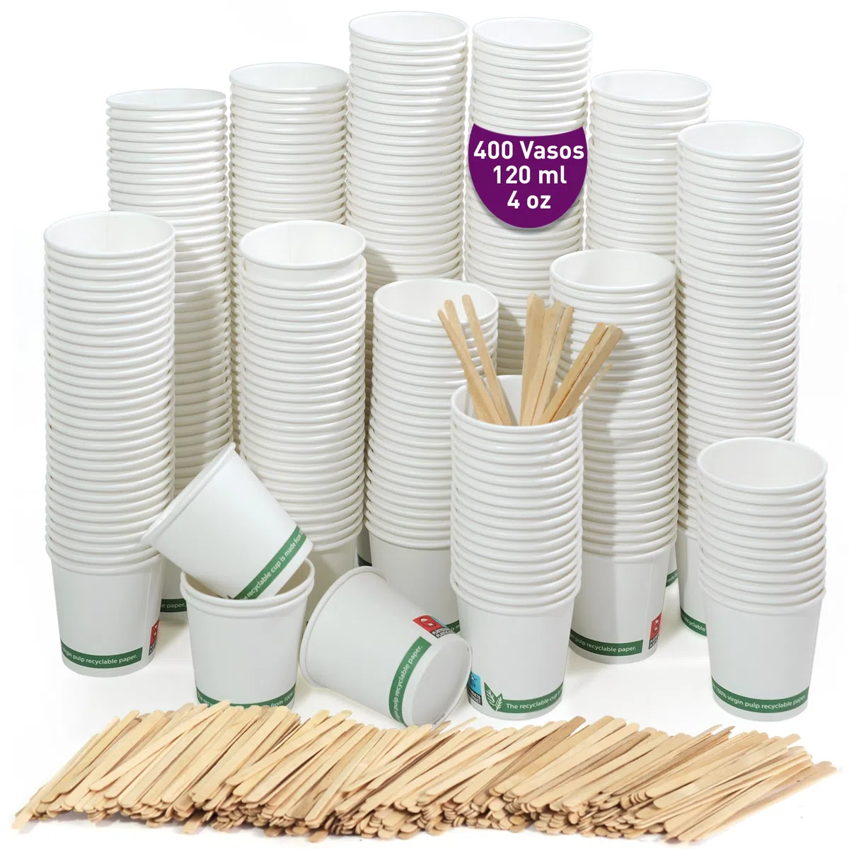 GoBeTree 400 vasos desechables café blancos de 120 ml / 4oz, vasos de cartón blanco desechable con paletinas de madera para café. Para bebidas frías y calientes.
