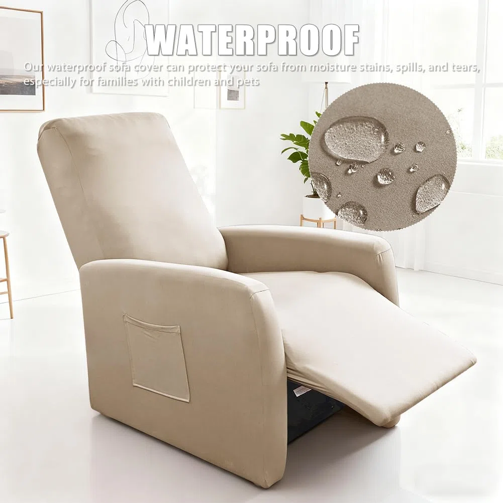 Funda Elástica para Sillón, con Bolsillos, Impermeable, Funda de Sillón Relax, Sillon Relax Reclinable, Fundas para Sillones Todo Incluido, 4 Piezas Extraíbles y Lavables Fundas Protector, Moca Clara