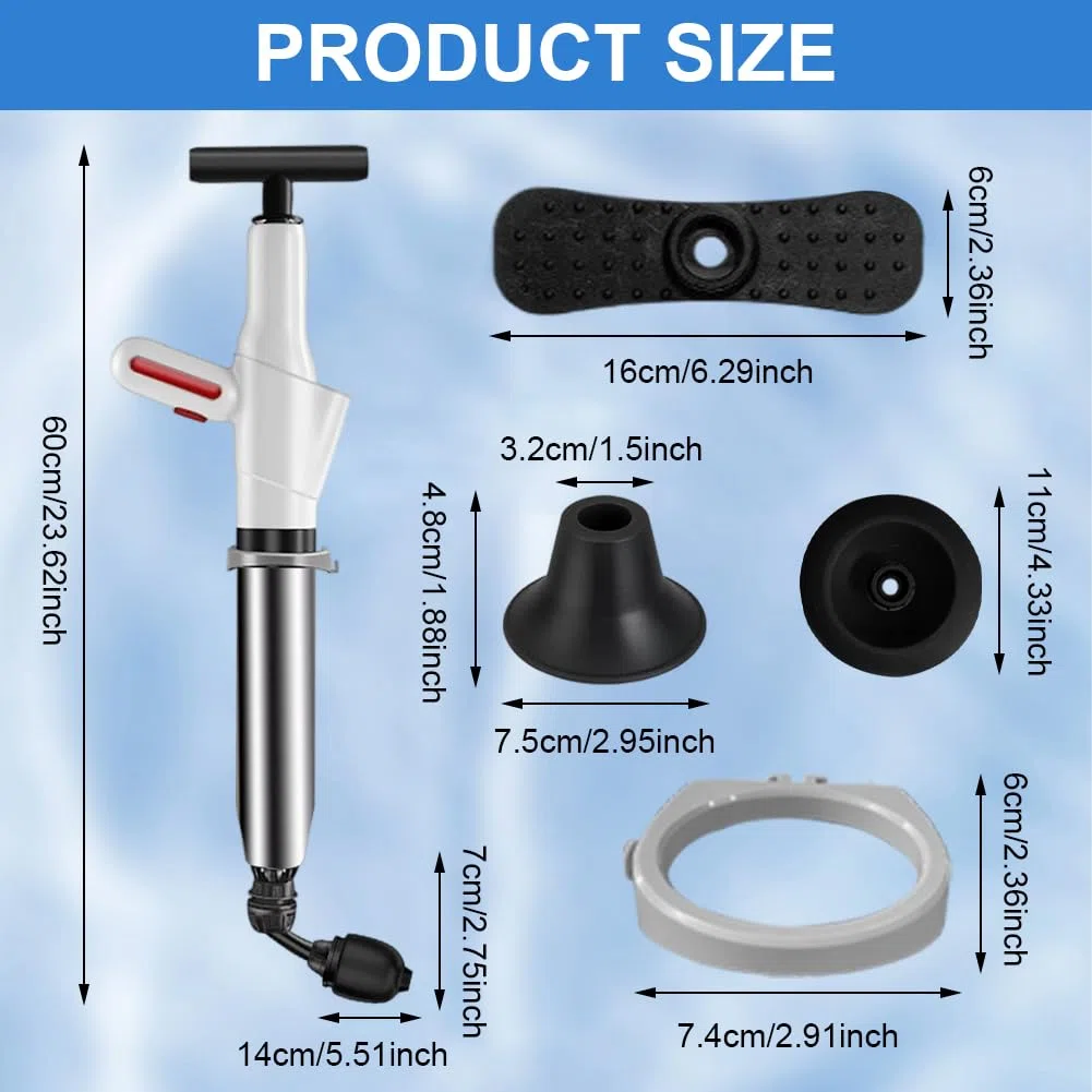 Juego de desatascadores de alta presión, bomba de alta presión con indicador de presión de aire, bomba de aire comprimido con 4 accesorios, limpiador universal de tuberías para inodoro, lavabo y ducha