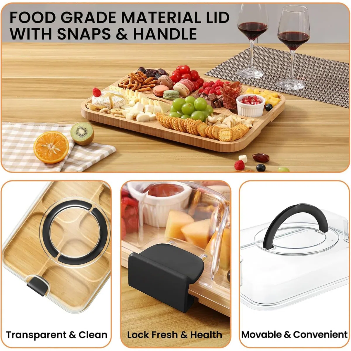 Tablero de charcutería con tapa, 41.9x33cm tablas de charcutería de bambú con mango de tapa transparente, 6 compartimentos que sirven bandeja, tablas de queso portátiles para bocadillos de comida de