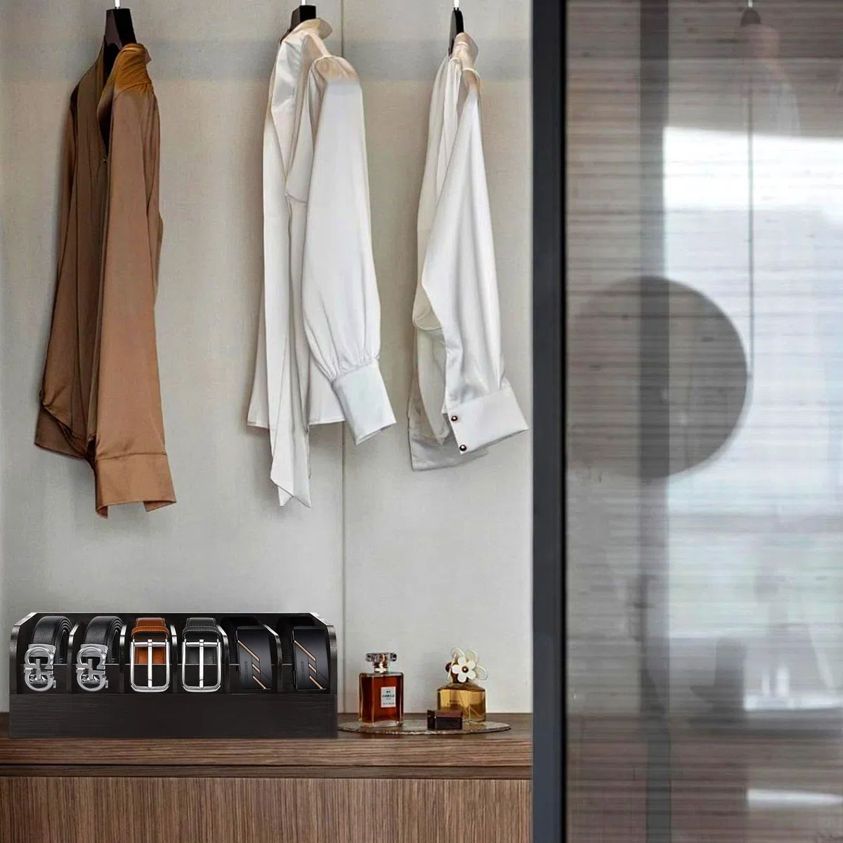 Organizador Cinturones,Organizador de Cinturones,6 Compartimentos,Caja Organizadora de Cinturón para hombre,Adecuado para Armarios y cajones,Contenedor Natural Relojes Hombres y Mujeres