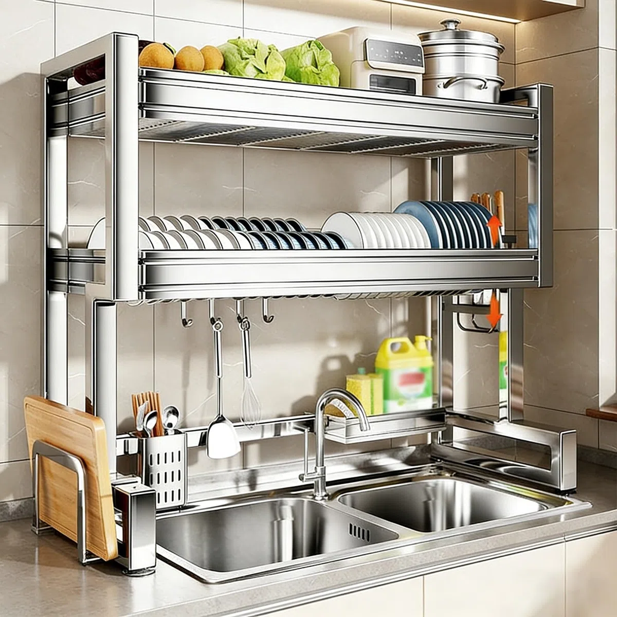 Estante de secado de platos multifuncional de acero inoxidable 304, estante de fregadero que ahorra espacio para almacenamiento de cocina, para platos, vasos, cubiertos