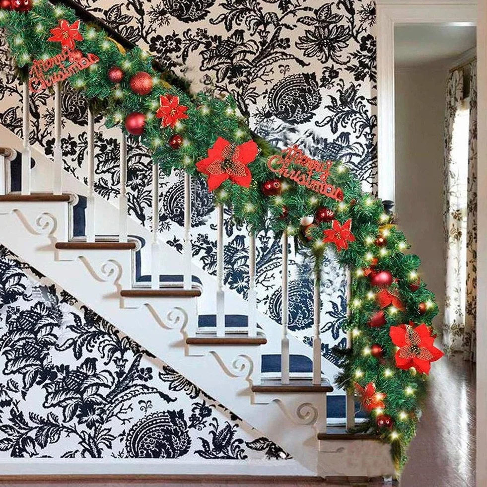 Queta - Guirnalda de árbol para decoración de Navidad, Guirnalda con Bolas de Corona de Flores, Bola con luz LED para Puerta de Entrada, 270 cm (Rojo)