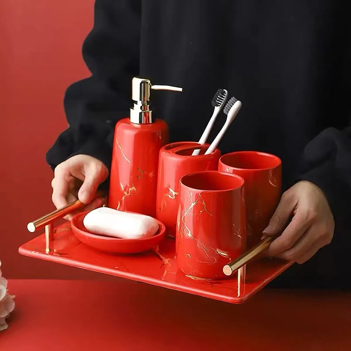 Juegos de Accesorios de baño, Acesorios Cuartos de Baño 5 Piezas con Dispensador Jabon Baño, Jabonera Baño, Porta Cepillo de Dientes, para Champú Cerámica Simple Rojo