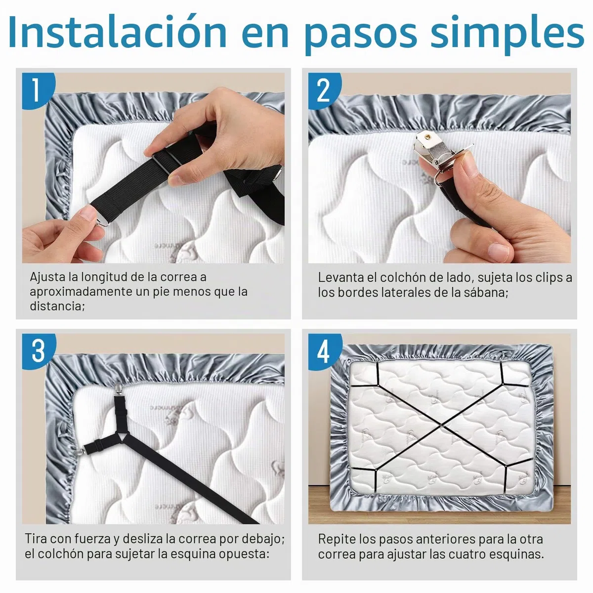 WADEO 2 Soportes Cruzados Ajustables para sábanas de Cama, Sujetadores, Clips de sujeción, Correas de Tirantes, adecuados para Todos los colchones Cuadrados (Paquete de 2, Negro)