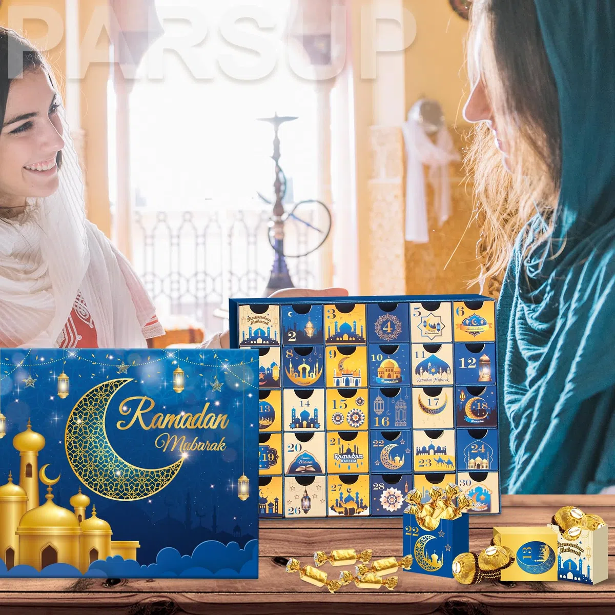 Ramdan Calendario de Adviento 2024, 30 cajas vacías para 30 días, calendario de Coutdown de Eid Mubarak, caja de regalo de Ramadán rellenable, suministros para fiesta de Ramadán Mubarak, color azul