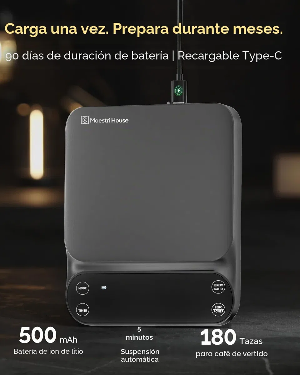 Maestri House S3 Báscula de café con temporizador, 3 kg/0,1 g, recargable, báscula digital de espresso, 3 modos de preparación, proporciones de preparación e indicador de flujo ajustables, para Pour