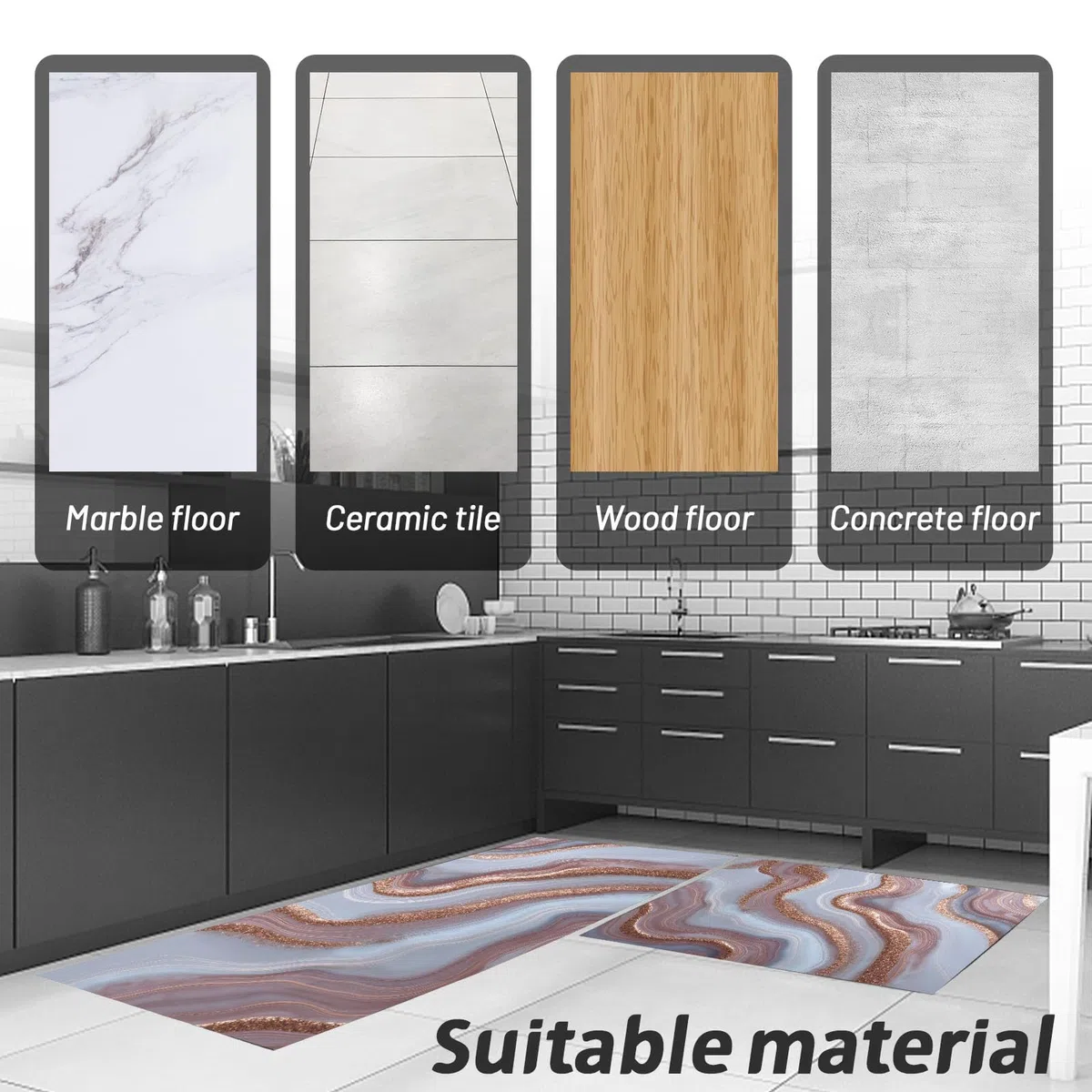 Juego De Alfombras De Cocina Patrón De Ágata Oro Rosa Antideslizantes De 2 Piezas, Alfombra De Cocinas Lujo Moderno para Piso, Impermeable para Aceite Cocina, Baño, 40x60cm+40x120cm