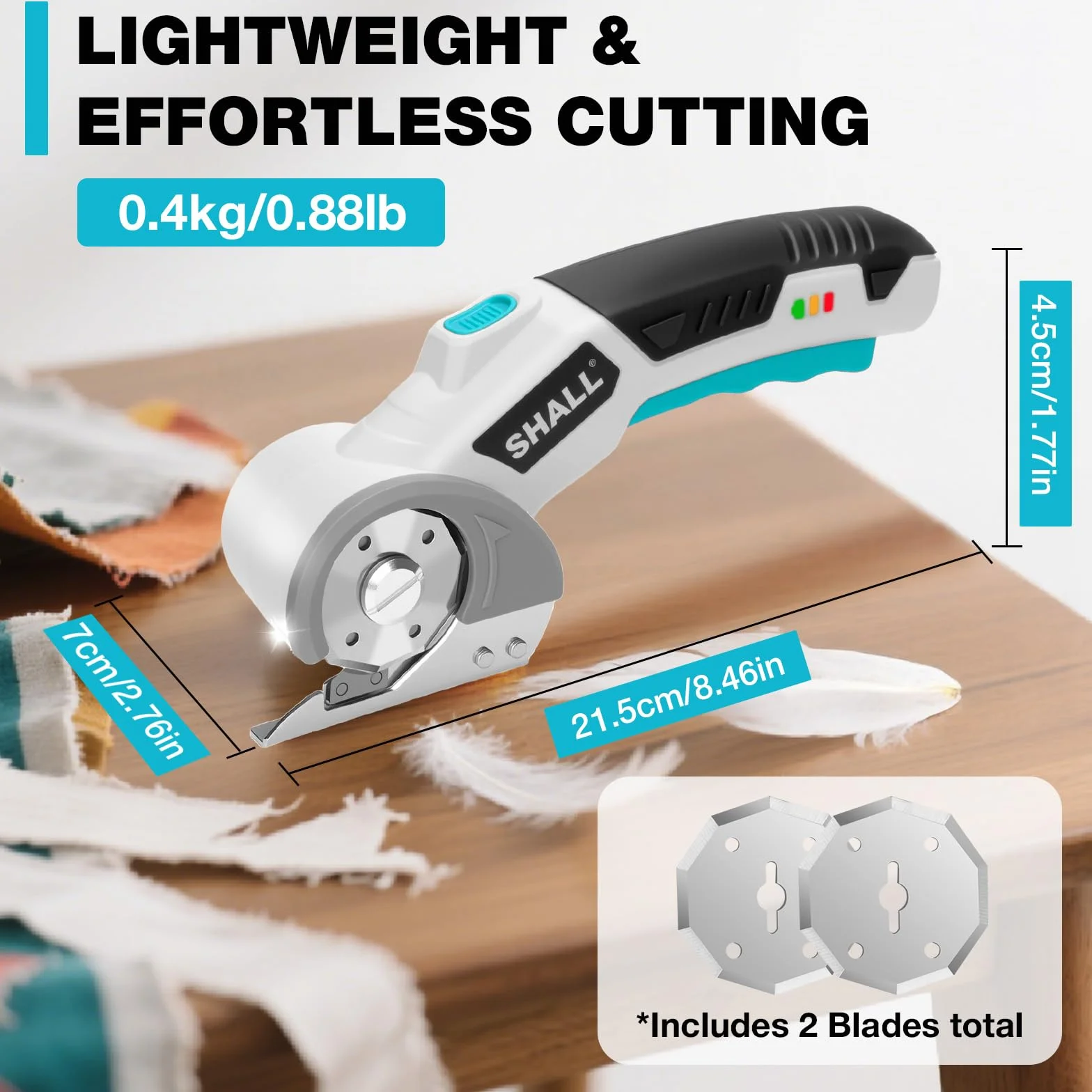 Shall Tijeras eléctricas inalámbricas de 4 V con bloqueo de seguridad, luz LED y hoja de repuesto, cortador giratorio recargable para tela, cuero, alfombra, cartón y plástico, blanco y azul