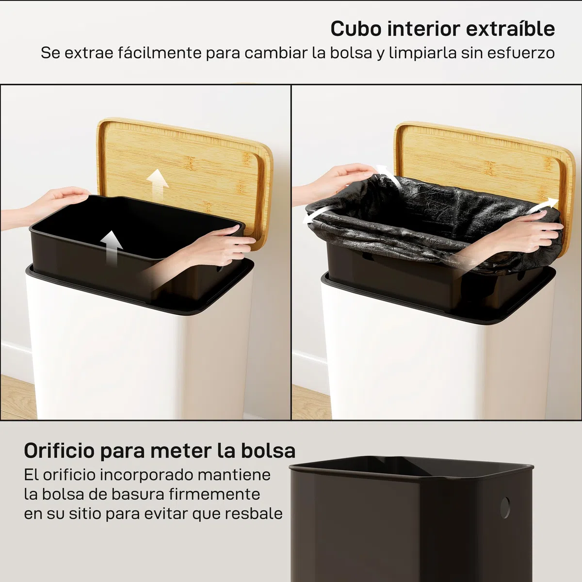 HOMCOM Cubo de Basura Cocina con Pedal, 20L, Tapa de Bambú de Cierre Suave, Papelera de Cocina con Cubo Interior Extraíble, Anti-Huellas, para Dormitorio, Salón, 29,5x29,5x56,8 cm, Blanco y Natural