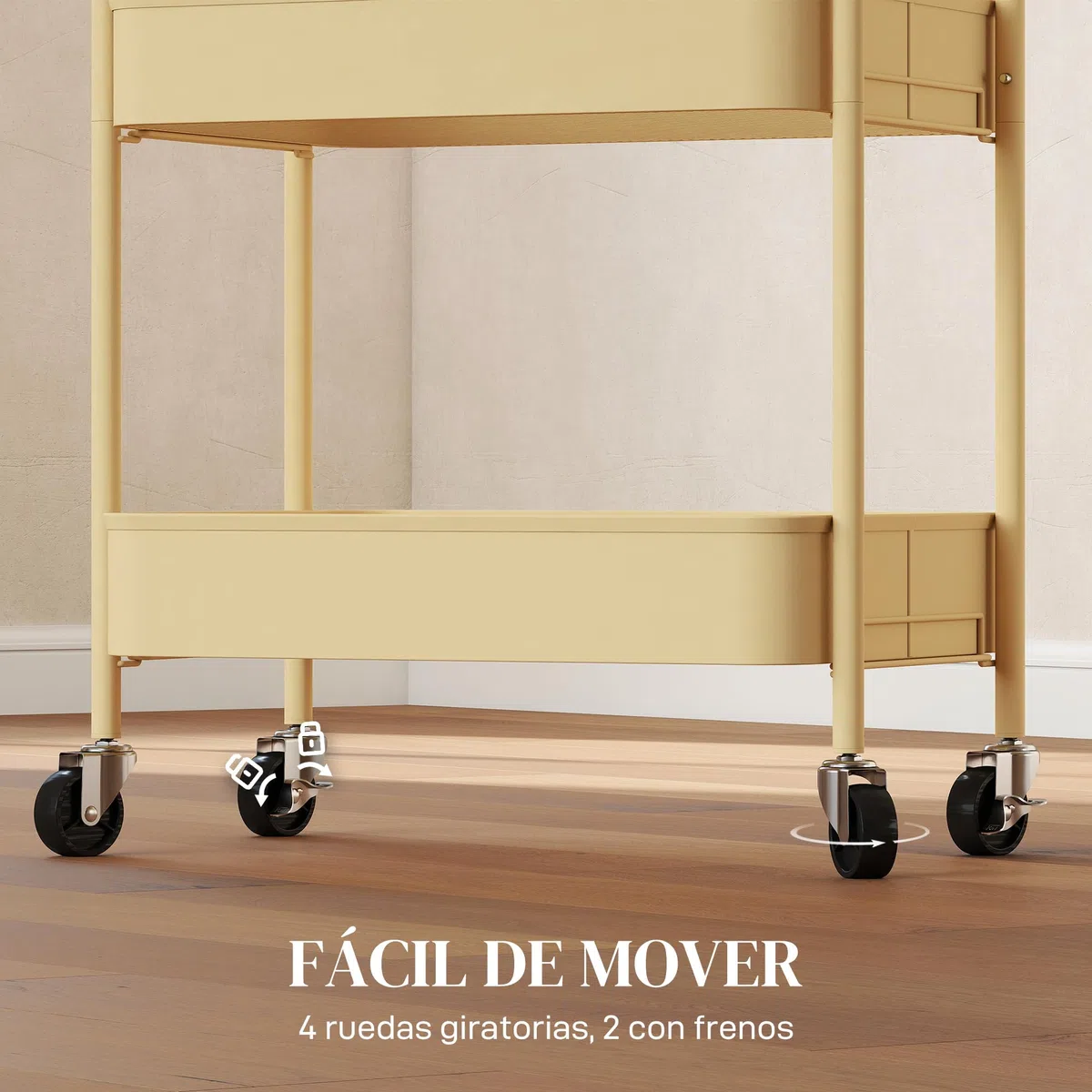 HOMCOM Carrito Auxiliar con Ruedas de 3 Niveles, Carrito de Cocina con 3 Cestas y 2 Asas, para Baño, Dormitorio, Oficina, 45x30,6x79 cm, Amarillo