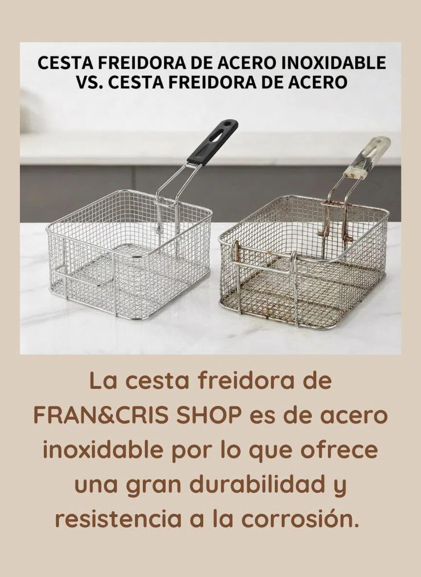 FRAN&CRIS SHOP Cesta Freidora de Acero Inoxidable. Cestillo Freidora de 21x18.5x11 cm., Cestillo para Freír con Mango ergonómico eficaz para cocinas domésticas y Profesionales.