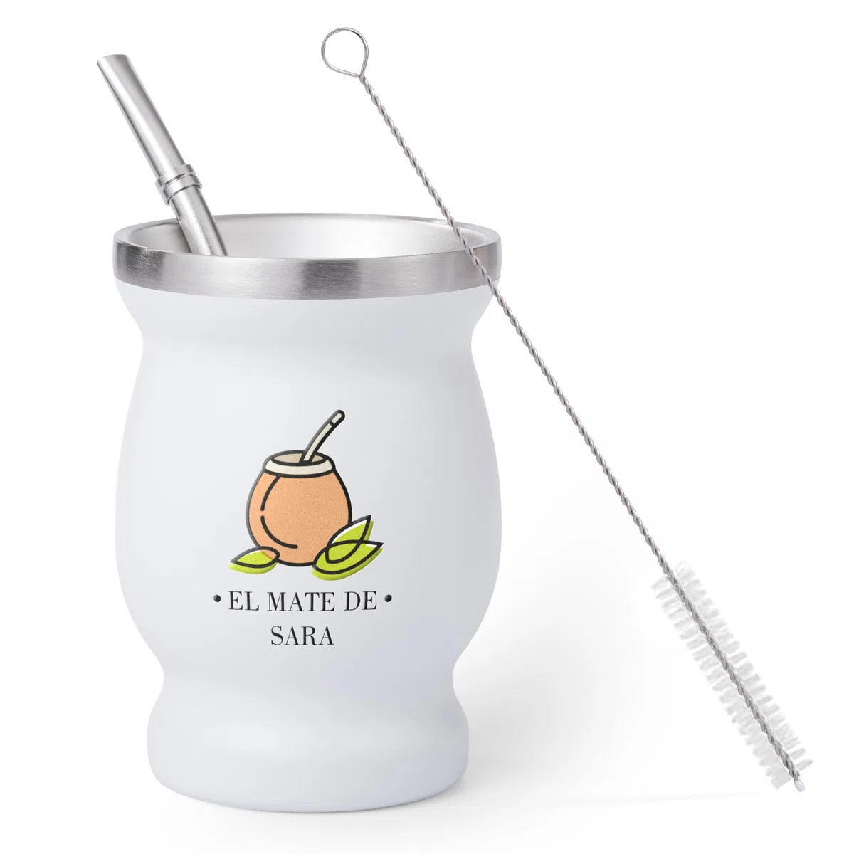Regalo Original - Kit Mate Argentino de Acero Inoxidable - Calabaza con Ilustración de “El mate de…” Personalizable con Nombre y Color - Vaso 250 ml de Doble Pared, Bombilla y Cepillo