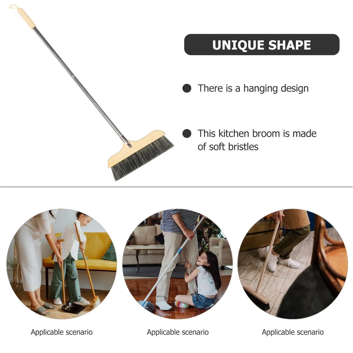 Gadpiparty Escoba de Limpieza Hogar Mango Largo de Acero Inoxidable y Cerdas de Madera, Fácil Almacenamiento y Diseño para Limpiar Esquinas en Cocina y Oficina