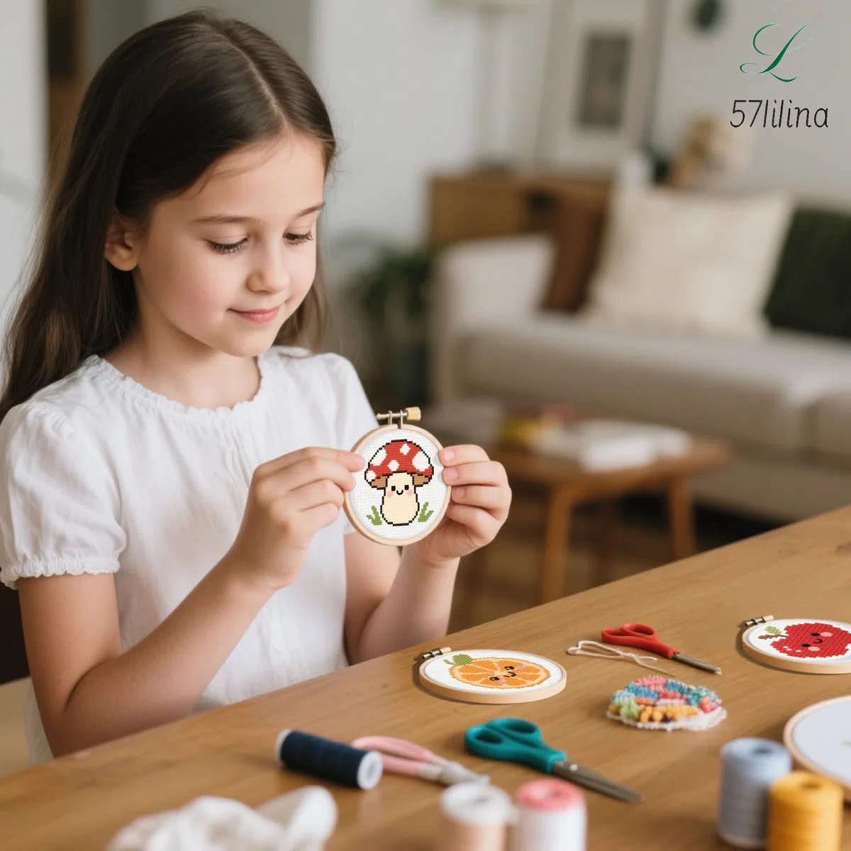 57lilina Kit Punto de Cruz Niños Completo con Hilos y Tela Impresa, 6 Set | Cross Stitch Embroidery Bordado Niños Principiantes Inicio Fáciles, Manualidades Originales Divertidos DIY para Regalo Niñas