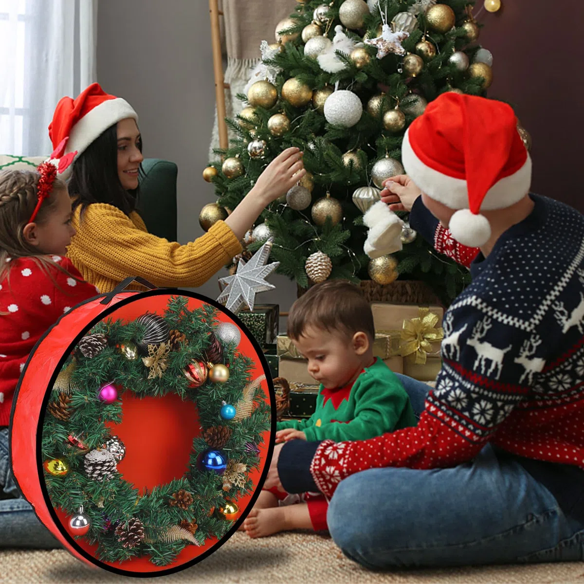 Pwsap 2 Paquetes Bolsa de Almacenamiento de Coronas Navideñas - 24 Pulgadas, Estuches de Guirnaldas de Coronas Navideñas Material Impermeable y Duradero con Cremallera Adornos Navideños, Rojo