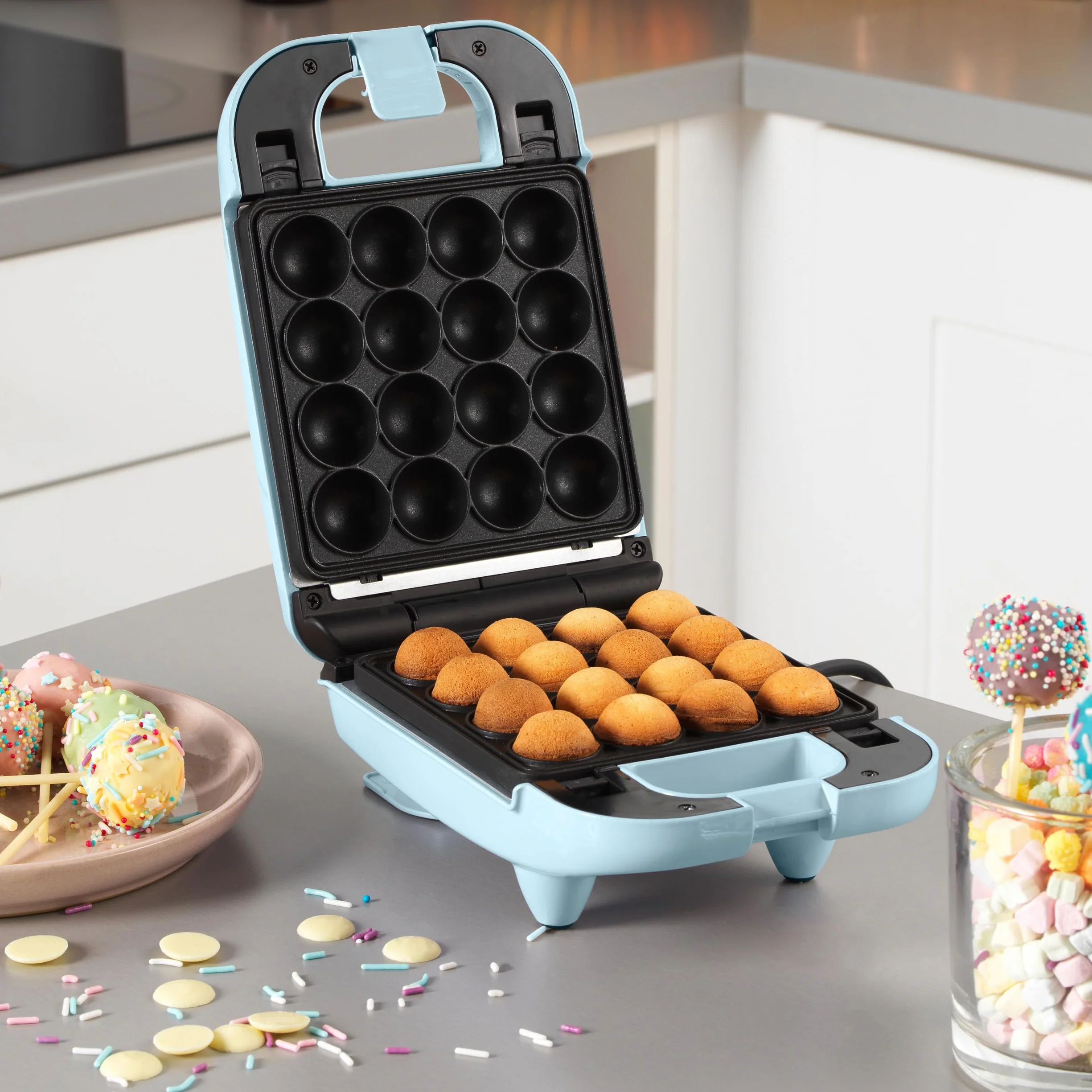 GILES & POSNER Máquina de Mini Delicias 3 en 1 – Donuts, Cake Pops, Máquina de Gofres, Placas de Cocción Desmontables Antiadherentes, Fácil Limpieza, Compacta, Repostería para Niños, 650 W