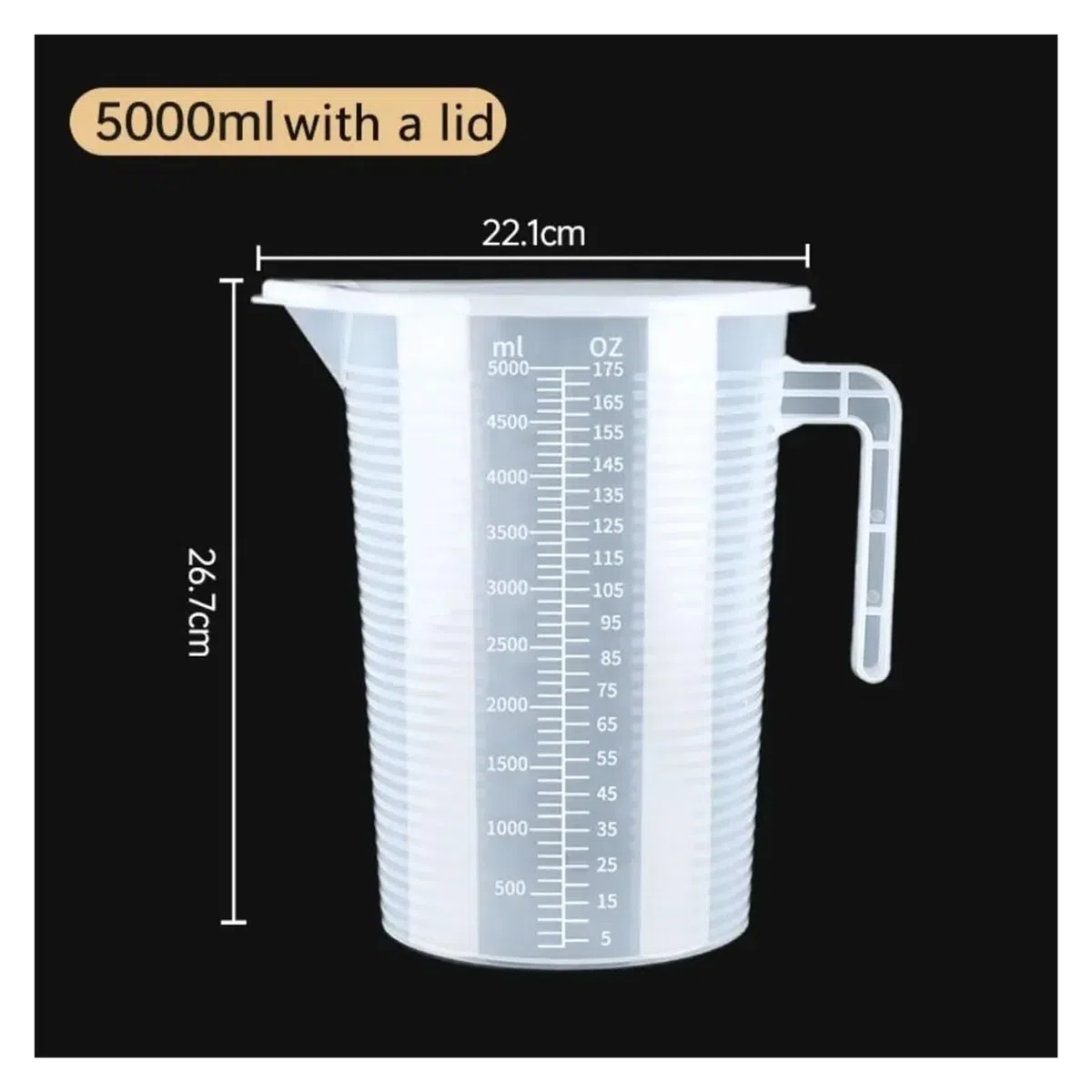 Vaso medidor graduado transparente de plástico, gran capacidad, for laboratorio, con tapa y escala. Vaso mezclador transparente for cocina y repostería.(5000ml(with a lid))