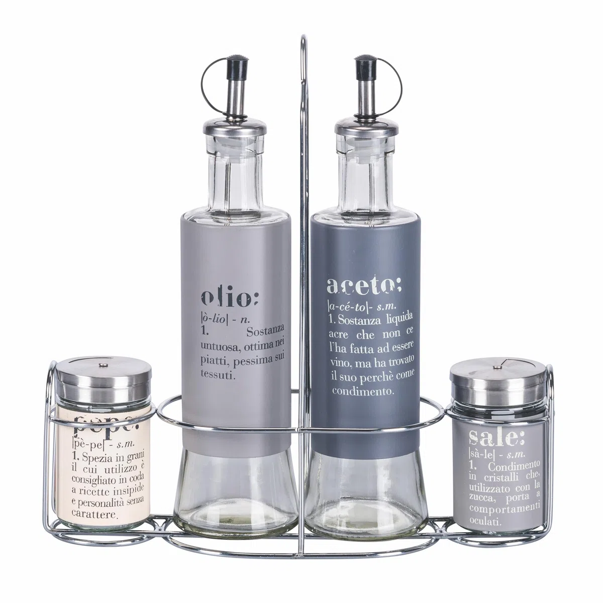 Villa d'Este Home Tivoli Victionary - Juego de condimentos de aceite, vinagre, sal y pimienta de vidrio y acero inoxidable, soporte de acero, color gris