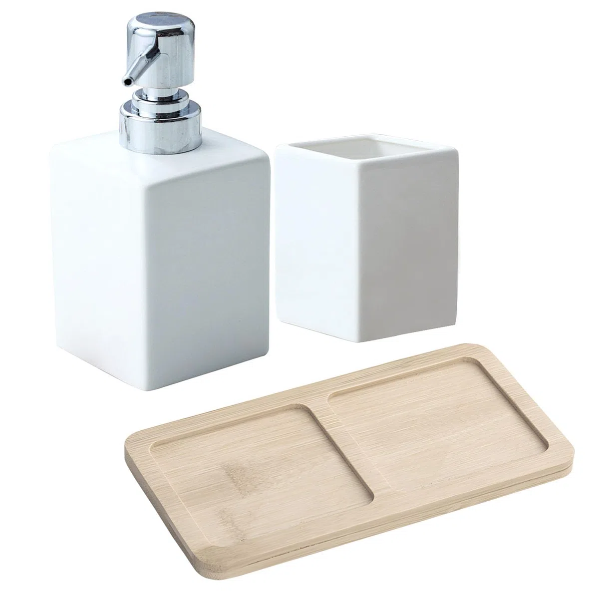 Juego de accesorios de baño blancos, juego de baño de cerámica de 3 piezas, accesorios de baño de lujo, incluye dispensador de jabón líquido de 320 ml, vaso de baño, bandeja de madera, kit de