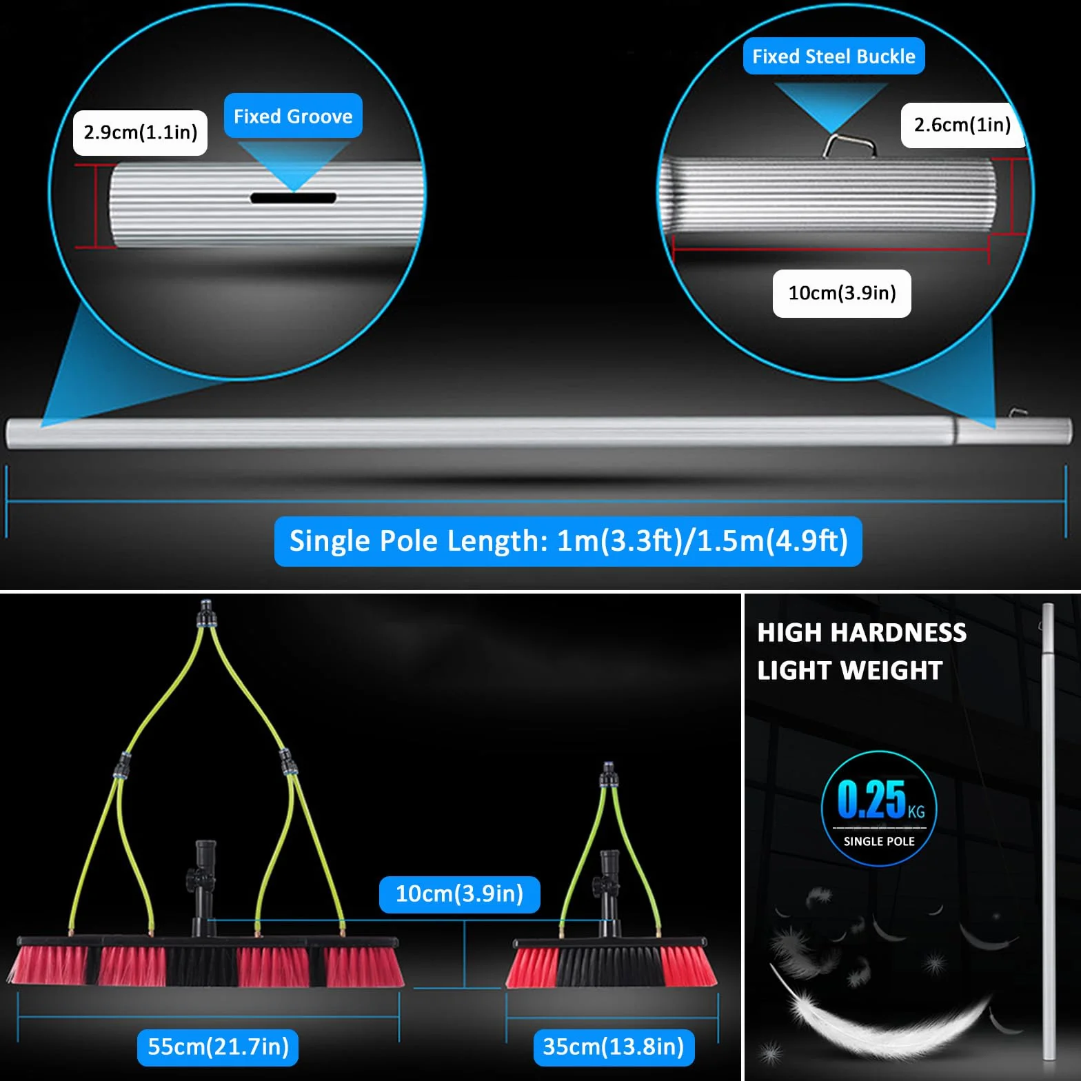 Cepillo Extensible de 5 a 12 m para la Limpieza de Paneles solares con Mango telescópico con Suministro de Agua y Cabezal de Cepillo de 35/55 cm para una Limpieza eficaz de Ventana