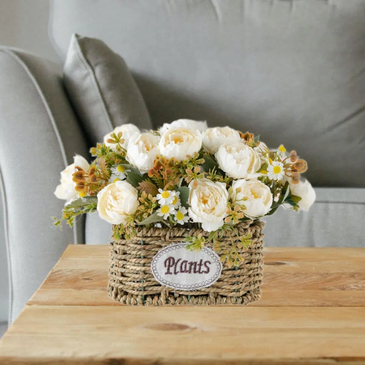MagiDeal Flores Artificiales con Cesta, Centro de Mesa, Decoración del Hogar, Regalo, Suministros para Fiestas, Adorno, Decoración de Escritorio para Bodas Y O, Blanco