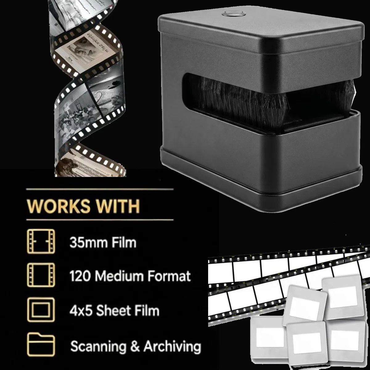 Cepillo Eléctrico Antiestático para Limpiar Negativos, 135/120, De Doble Cara Y 8 Filas, Antiestático, De Bajo Ruido, para Negativos De 4x5, En Blanco Y Negro Y Silver