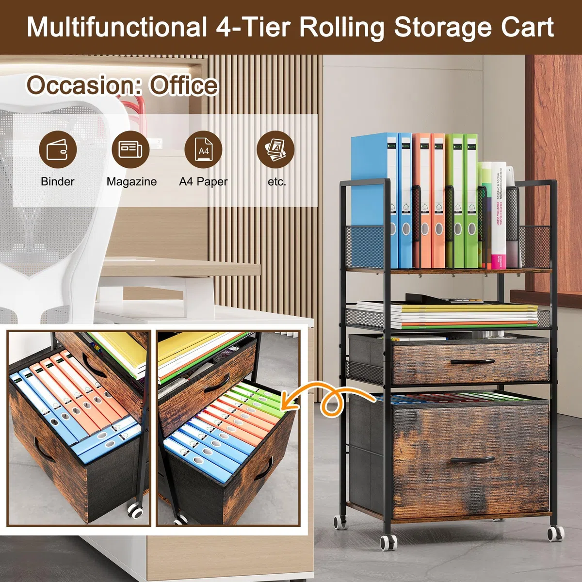 Carrito utilitario rodante de 3 niveles con 2 cajones, organizador de archivos de metal móvil para oficina, escuela, organización del hogar, color negro antiguo