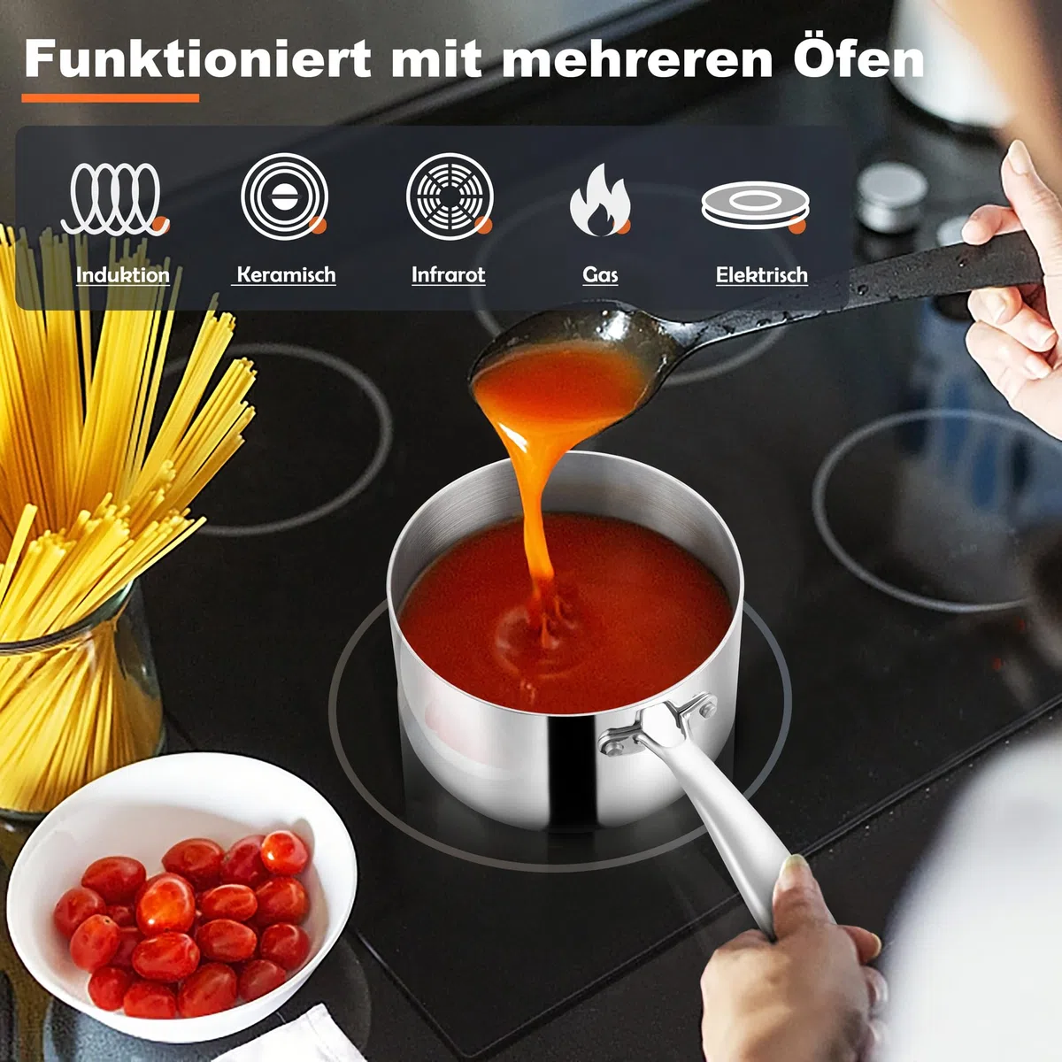 Herogo Stainless Steel Milk Pan (Size 3) - Cazo con mango (18 cm, acero inoxidable con tapa visible, olla con mango largo, resistente al calor y robusto)