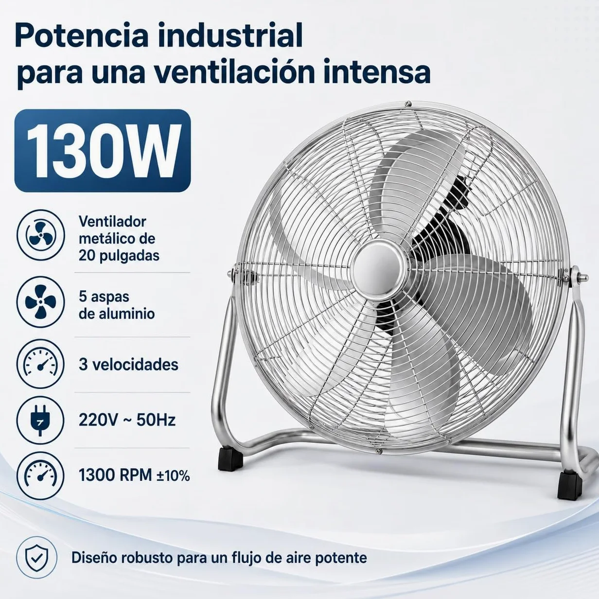 Ventilador Industrial de Suelo 20 Pulgadas, 130 W, Ventilador Metálico con 5 Aspas de Aluminio, 3 Velocidades e Inclinación Ajustable, para Taller, Almacén, Garaje, Gimnasio y Hogar