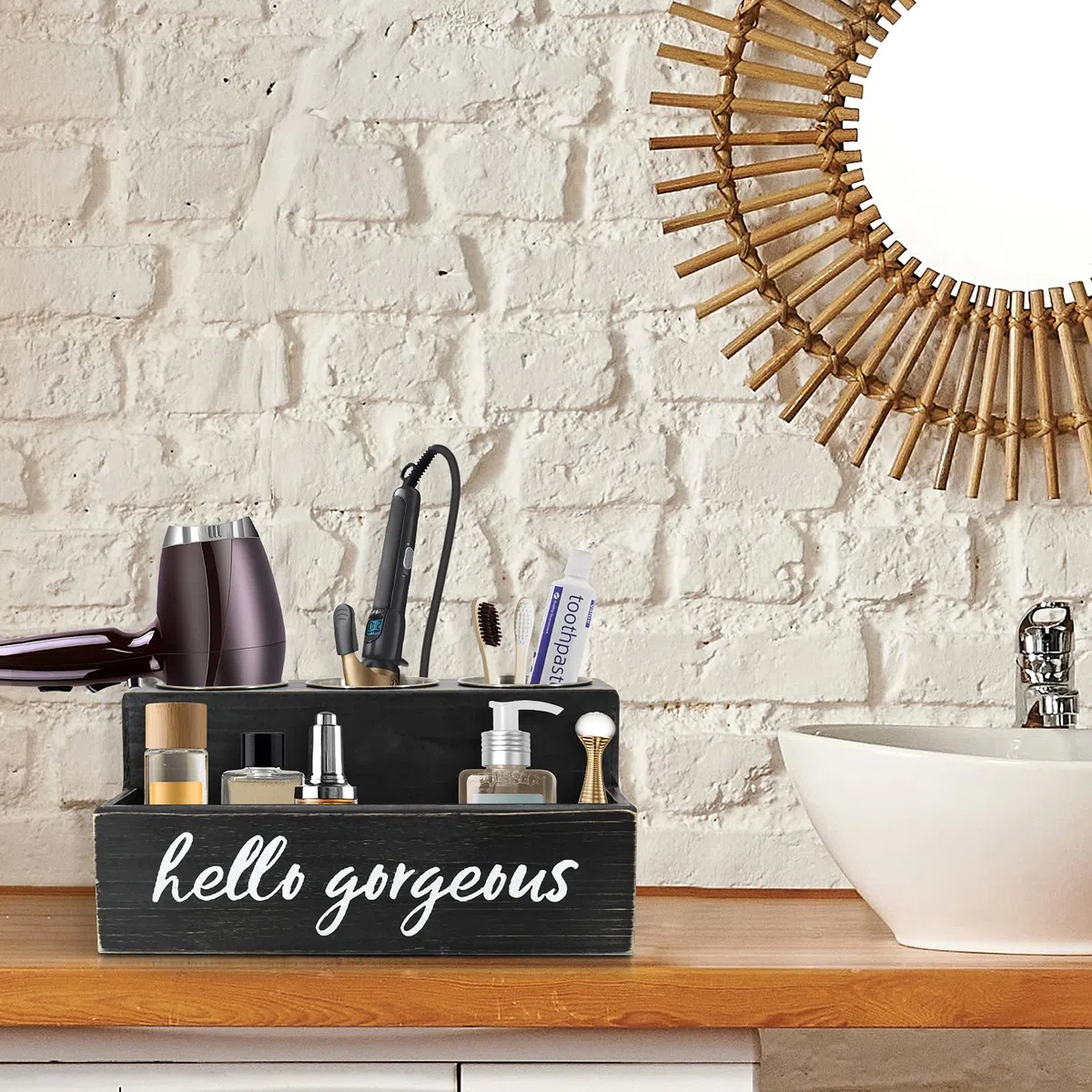 UNISTYLE Soporte para secador de pelo o rizador, encimera, herramientas para el cabello y suministros de peinado, organizador plano para encimera de baño para accesorios, maquillaje, almacenamiento de