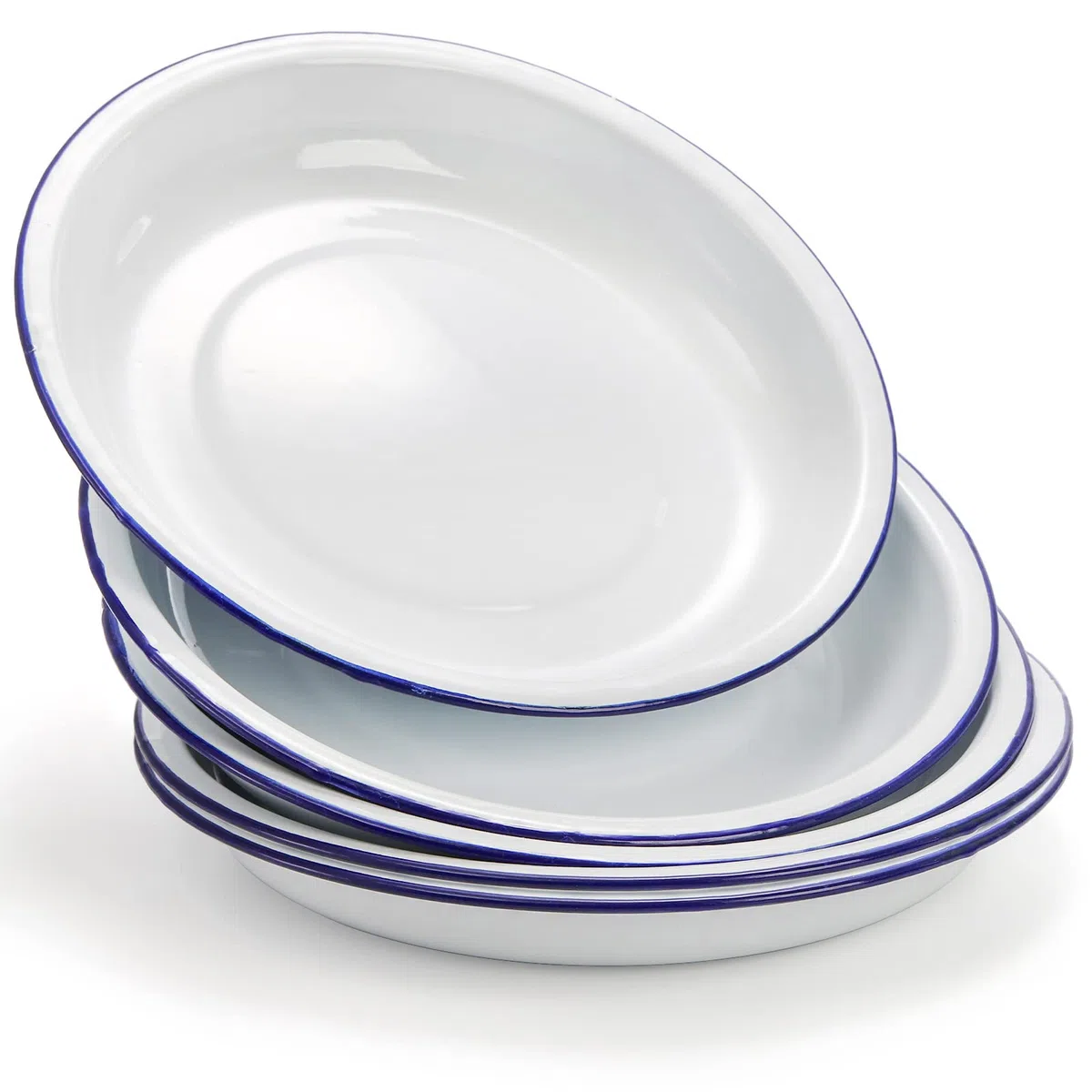 Dicunoy Paquete de 5 platos esmaltados, bandejas irrompibles de 24 cm, bandejas para servir para cenas, cuencos redondos y poco profundos retro blancos con borde negro para pasta, picnic, barbacoa
