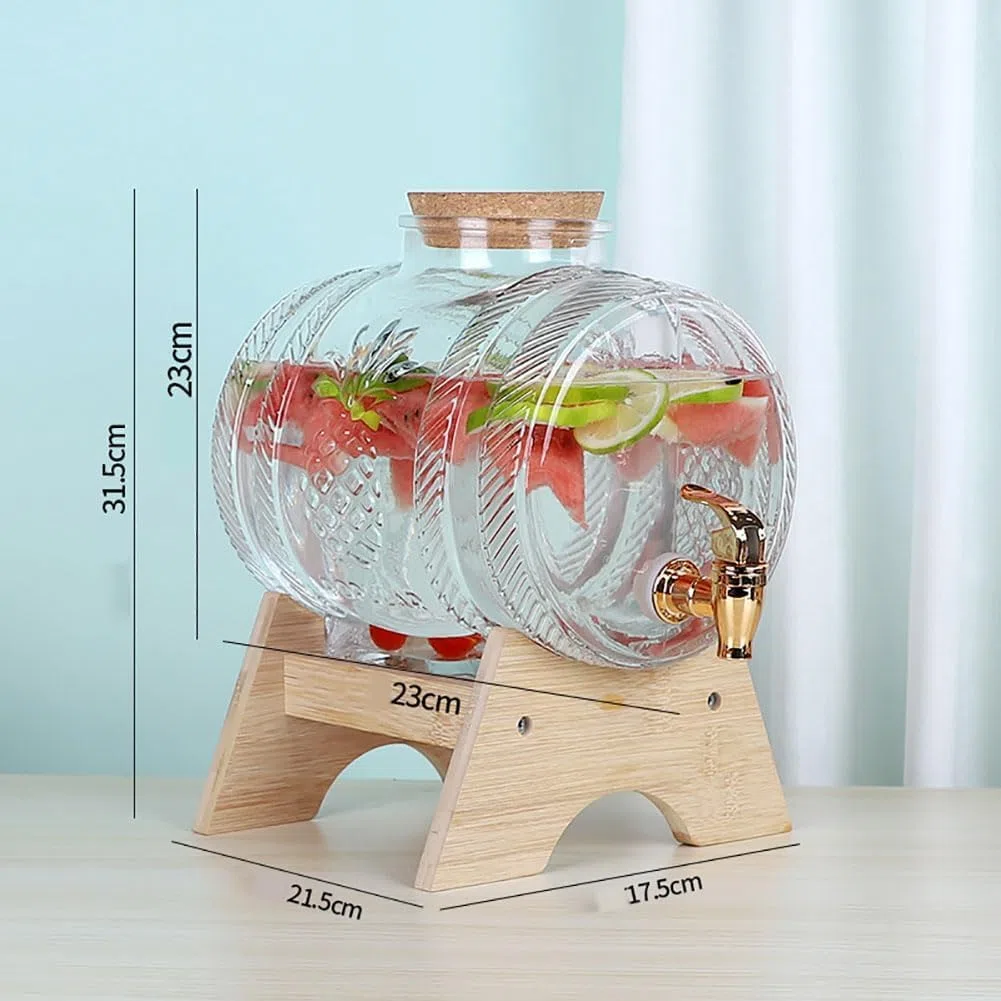 Dispensador de bebidas de vidrio 1L/3L/5L Dispensadores de bebidas heladas con grifo y soporte de madera, dispensador de bebidas Dispensador de bebidas frías para barbacoa, picnic, fiesta en la piscin