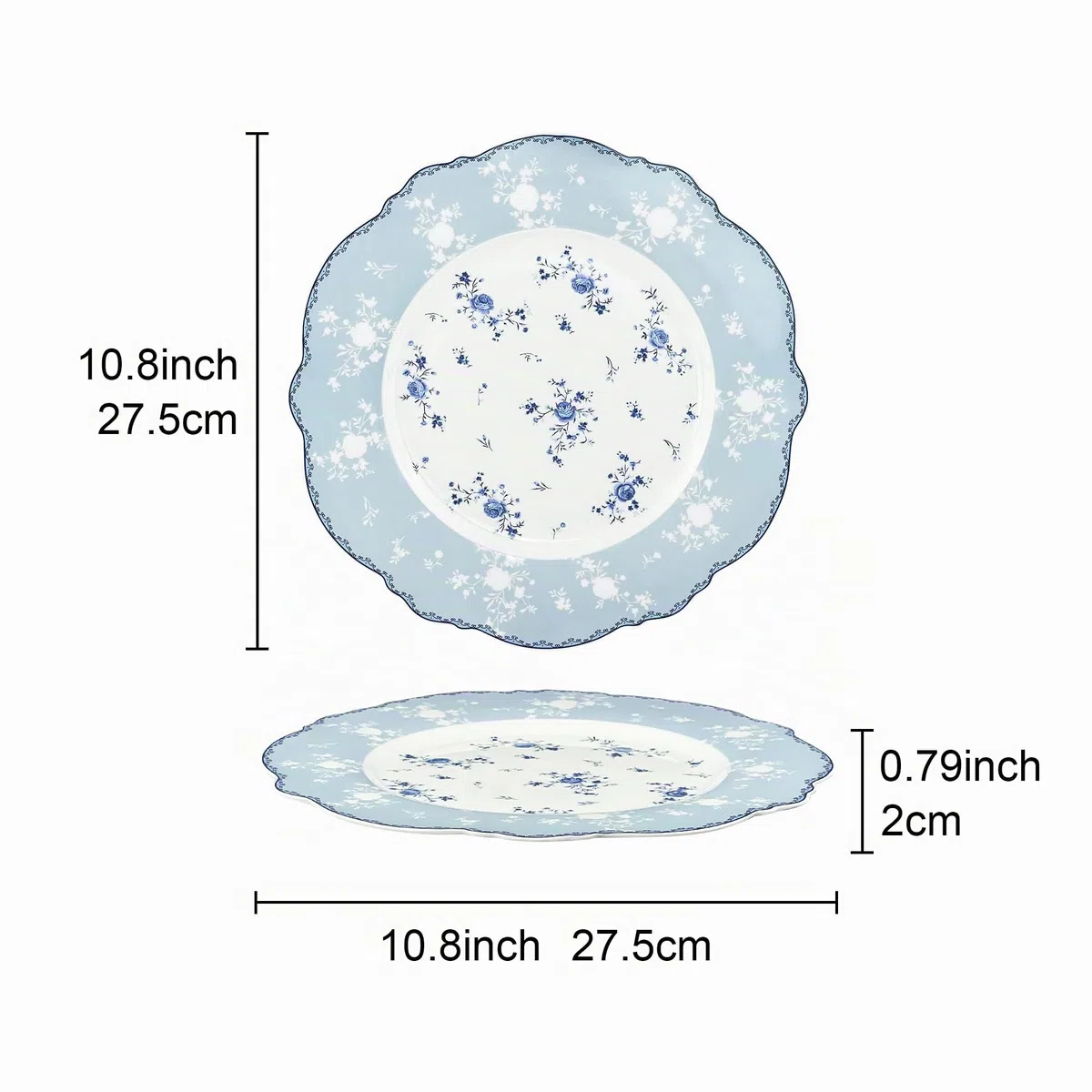 fanquare Juego de 4 Platos Llanos de Porcelana, 27.5cm Platos Grande Florales Azul, Vajilla Vintage Real para Navidad Fiesta, Boda