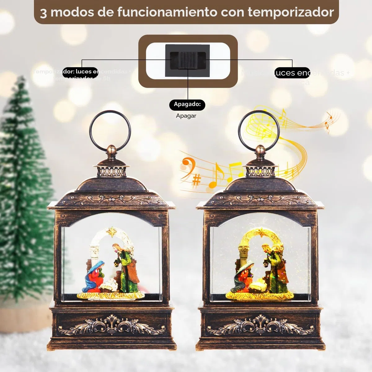 Globo de Nieve de Navidad Remolino de Purpurina Linterna Musical Belén Esferas Globo de Nieve Estilo Retro Girador de Agua Con Temporizador De 6-Hora Funciona Con USB Pilas(Excl.) 20cm de Alto
