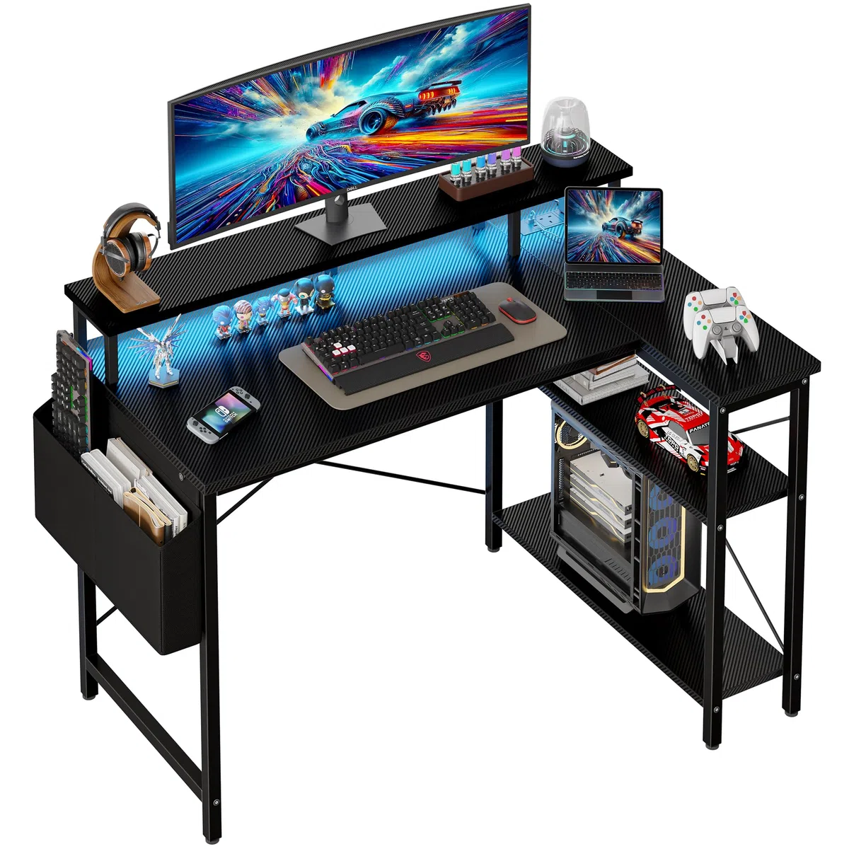 Grandder Escritorio Gaming en L con Luces LED y Enchufes, 100 cm, Negro | Mesa Gaming de Fibra de Carbono con 2 Estantes, Soporte para Monitor, Hogar y Oficina