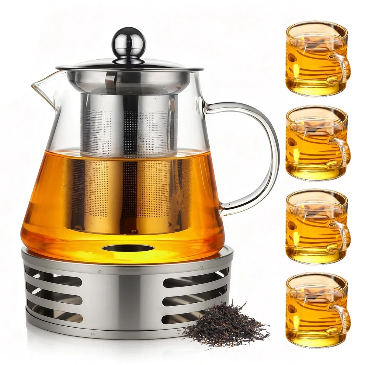 Teteras de Vidrio con Infusor, 1300ML Tetera de Cristal Borosilicato con 4 Tazas Tetera de Cristal para Hornillo con Calientaplatos Tea Pot Transparente Cristal para Té Hojas Sueltas Frutas Flor