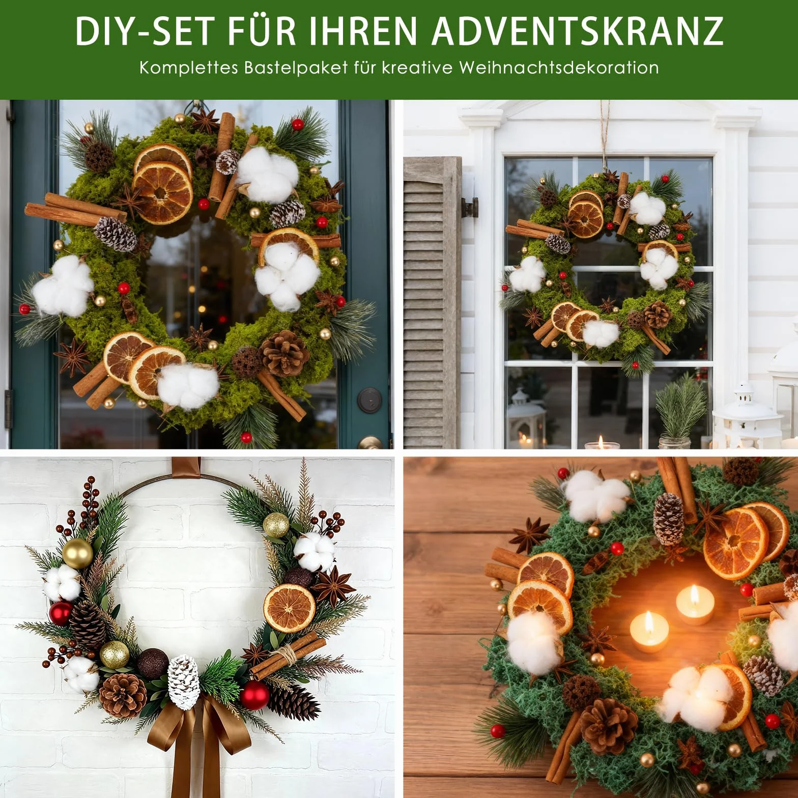 Set de decoración para corona de Navidad de 170 piezas – Accesorios para corona de Adviento con algodón, rodajas de naranja secas, tallos de canela, estrella anisada, nueces, piñas, bayas