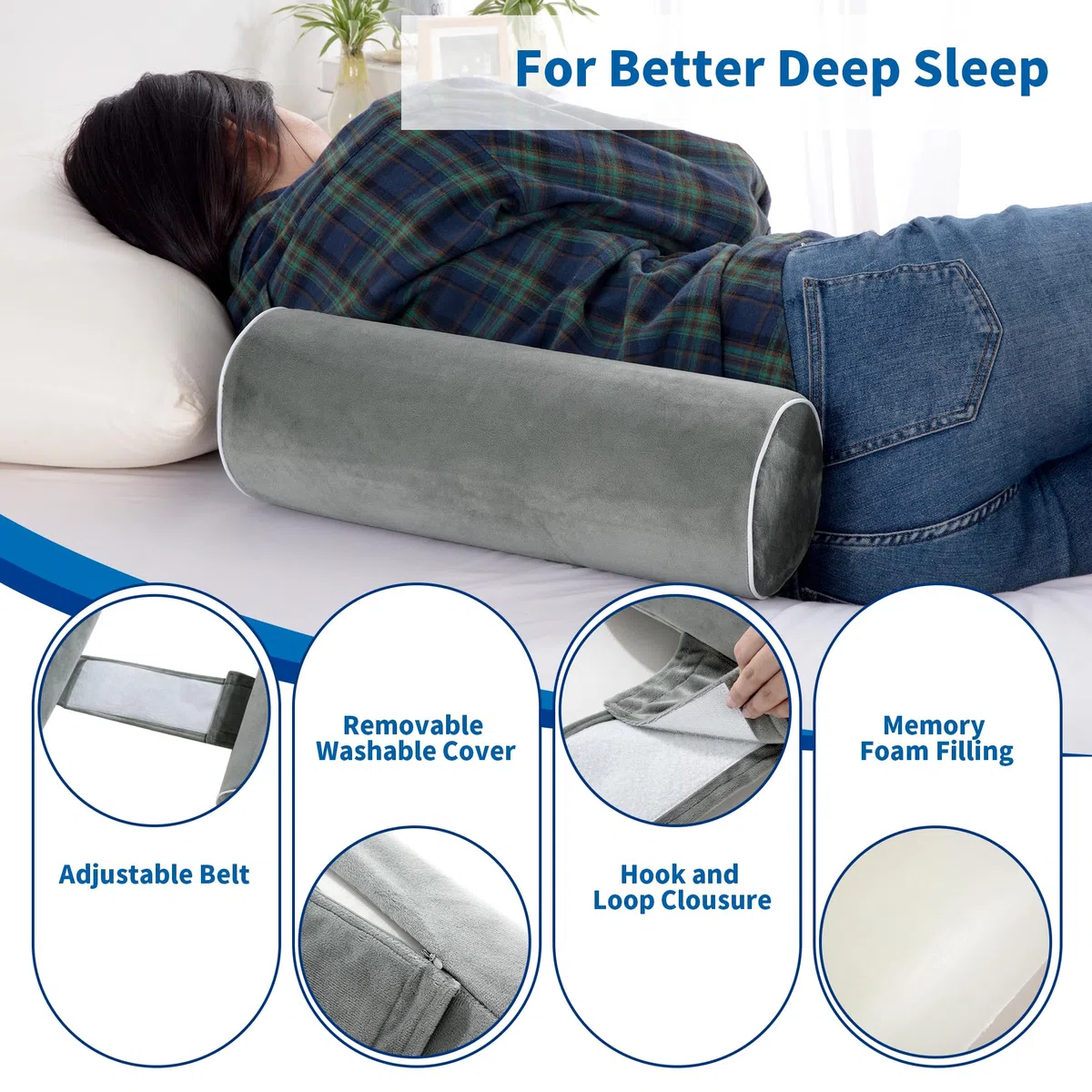 BALAPET Almohada de posición Corporal para Dormir de Lado, Entrenador de Apoyo de Espuma viscoelástica para Dormir de Lado, Almohada cilíndrica Enrollable para una Mejor respiración del sueño
