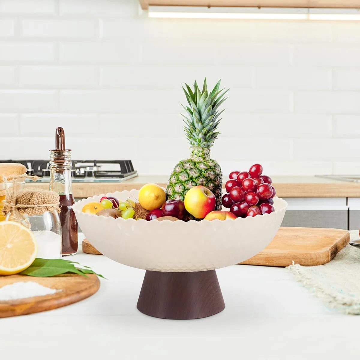 Frutero, cuenco de frutas de plástico, taza decorativa de pedestal de grano de madera, cesta de frutas decorativa, bandeja de almacenamiento de aperitivos (Blanco lechoso)