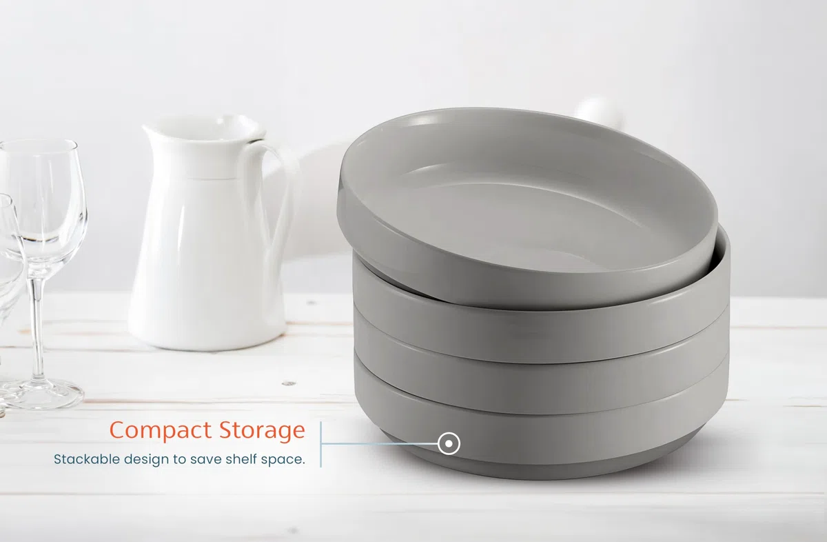 KooK Cuencos grandes de cerámica para pasta, aptos para microondas y lavavajillas, ideales para sopas y ensaladas, cuencos poco profundos, porcelana brillante, 48 onzas, juego de 4, gris polvo
